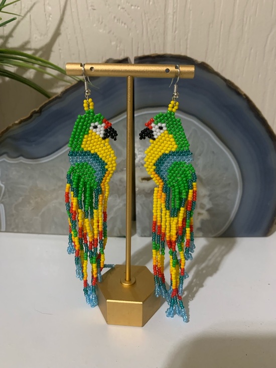 Handmade Jewelry - Handmade Parrot Bead Fringe Earrings - Green & Yellow